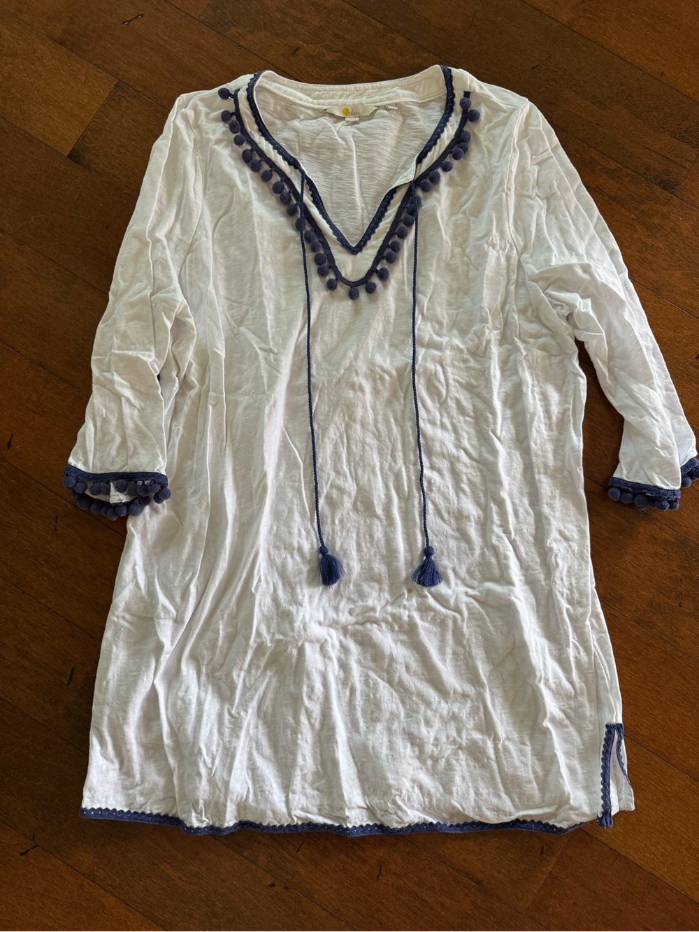 Boden White Swim Coverup with Navy Trim and Pom-Pom Detail | Size 18